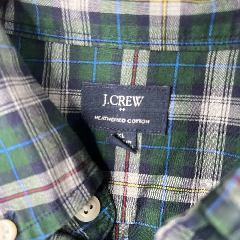 J Crew Heathered Cotton Shirt XL Green Plaid Casual Button Up Long Sleeve Mens